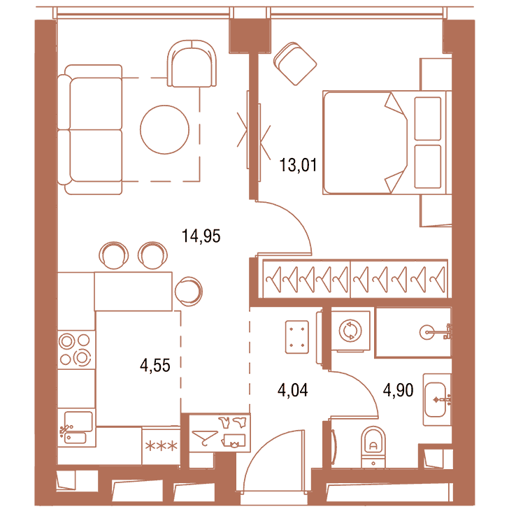 1-комнатная квартира 41.45 кв.м. в Савёловском