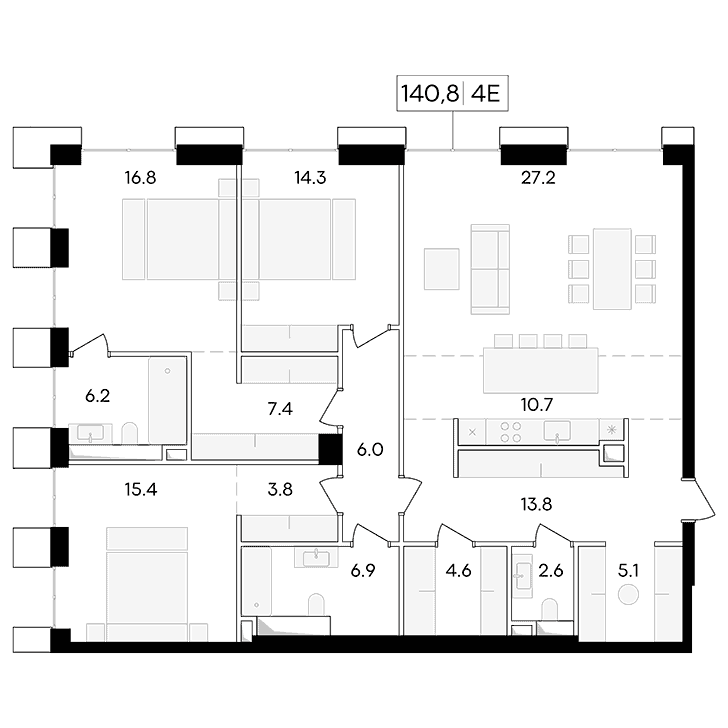 4-комнатная квартира 140.80 кв.м. в Пресненском