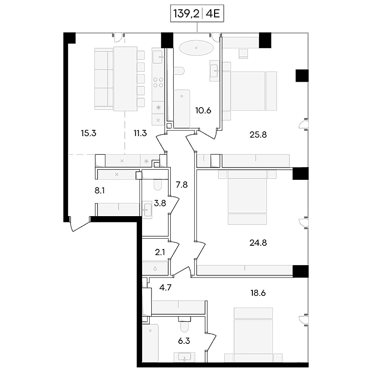 4-комнатная квартира 139.20 кв.м. в Пресненском