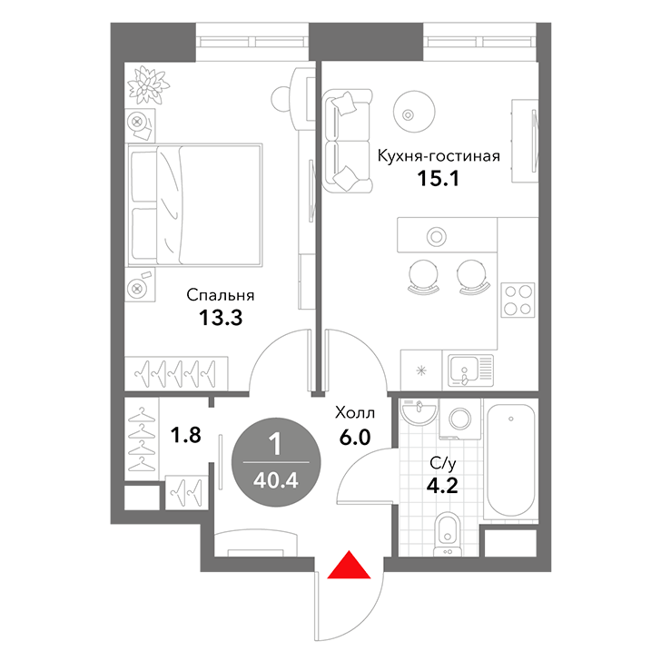 1-комнатная квартира 40.40 кв.м. в Замоскворечье