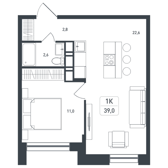 1-комнатная квартира 39.00 кв.м. в Борисовке