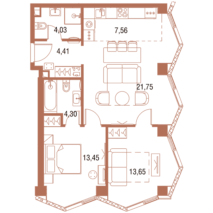 2-комнатная квартира 68.14 кв.м. в Савёловском