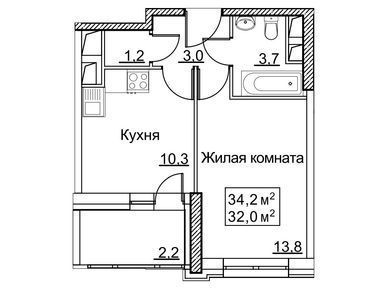 1-комнатная квартира 34.20 кв.м. во Внуковском