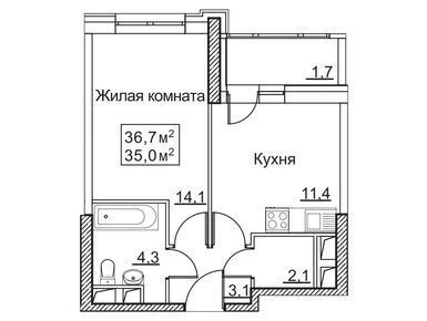 1-комнатная квартира 37.10 кв.м. во Внуковском