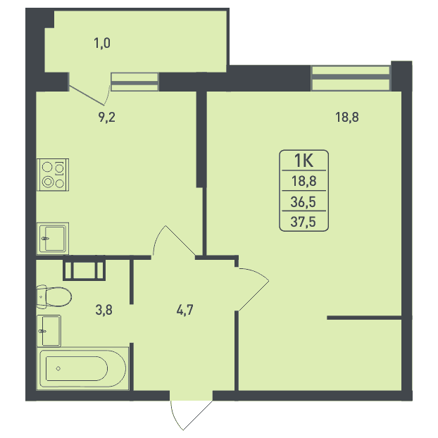 1-комнатная квартира 37.50 кв.м. в Борисовке