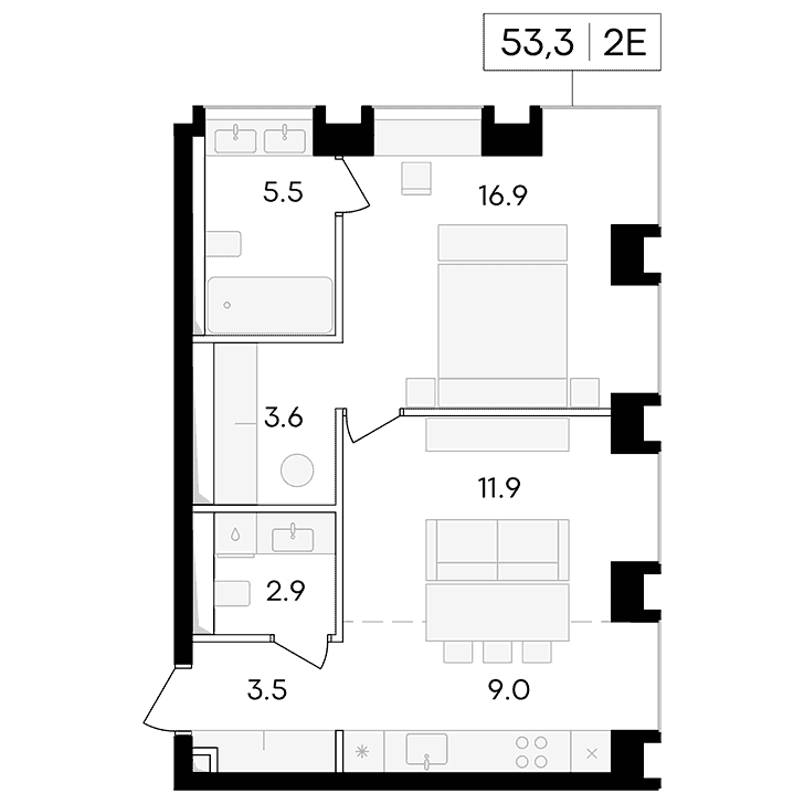 2-комнатная квартира 53.30 кв.м. в Пресненском