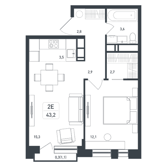 2-комнатная квартира 42.90 кв.м. в Борисовке