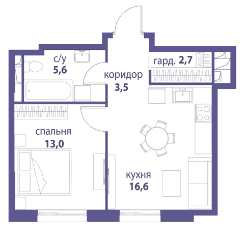 1-комнатная квартира 41.40 кв.м. в Лефортово