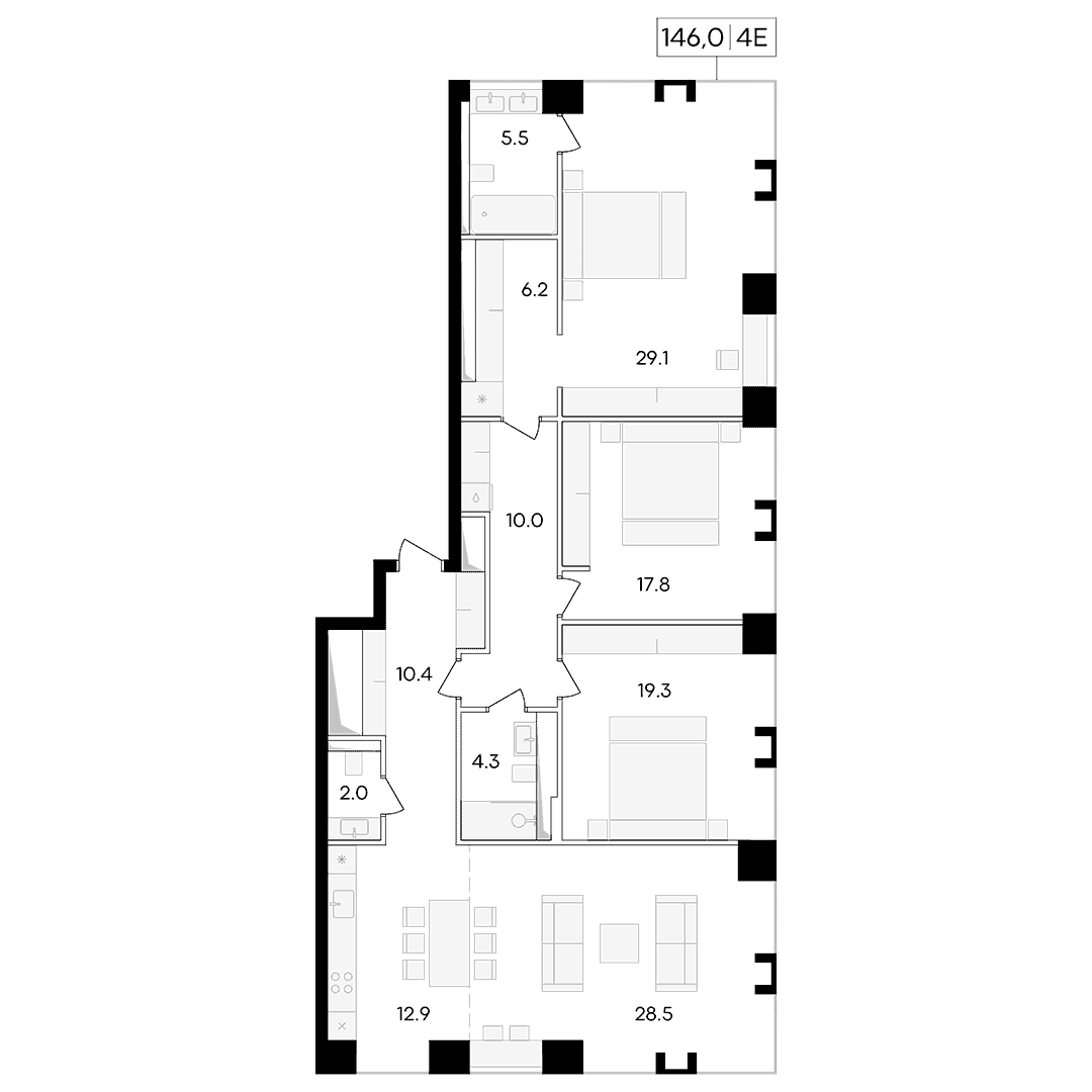 4-комнатная квартира 146.00 кв.м. в Пресненском