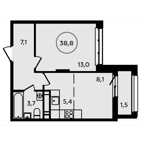2-комнатная квартира 38.80 кв.м. в Сосенском