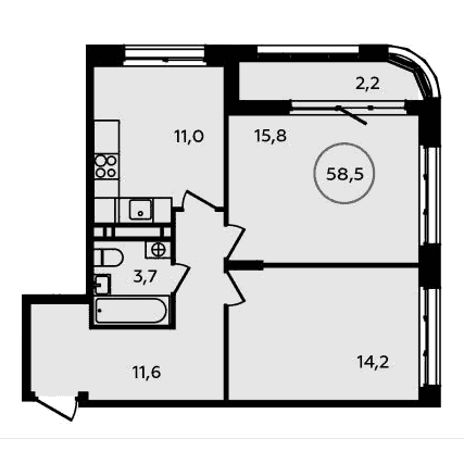 2-комнатная квартира 58.50 кв.м. в Сосенском