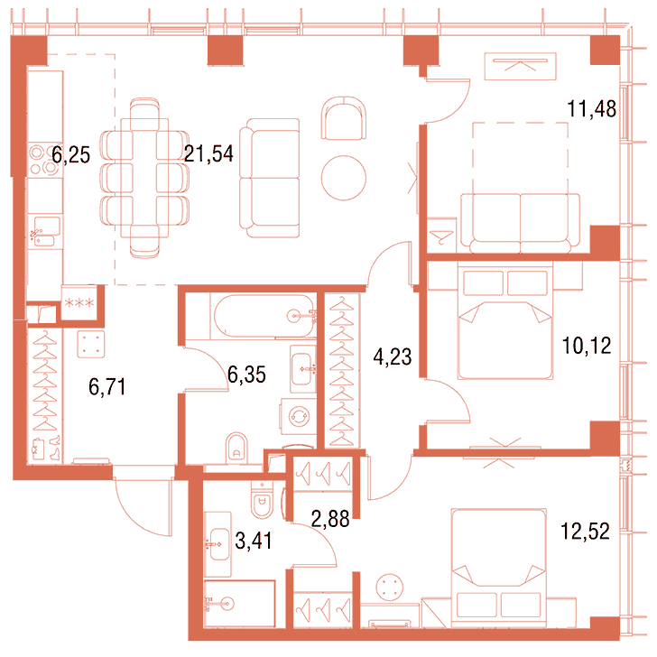 3-комнатная квартира 85.49 кв.м. в Савёловском