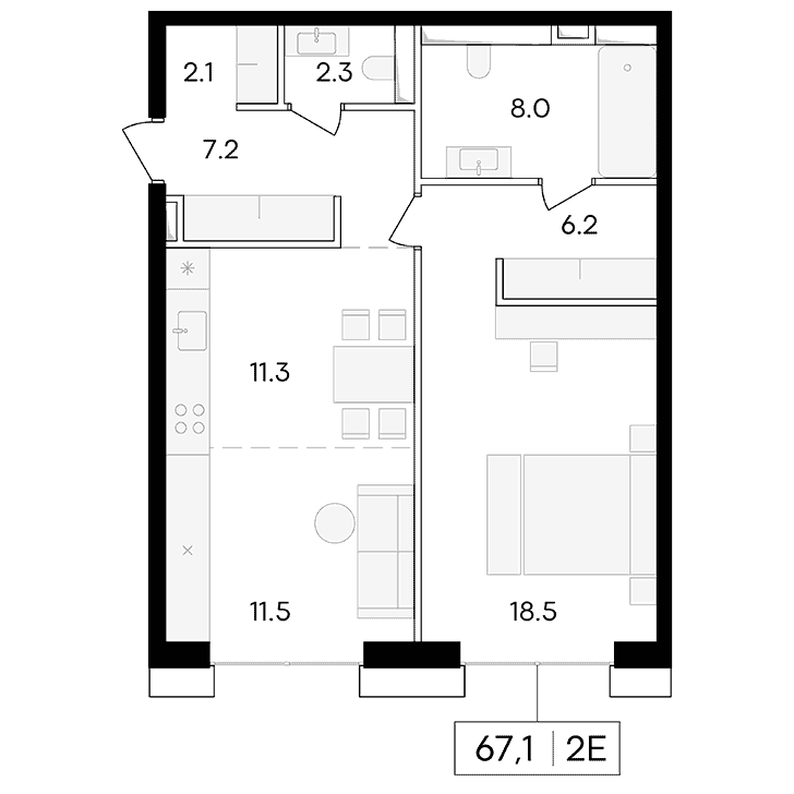 2-комнатная квартира 67.10 кв.м. в Пресненском