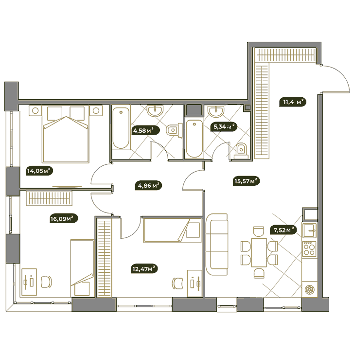 4-комнатная квартира 91.50 кв.м. в Раменках