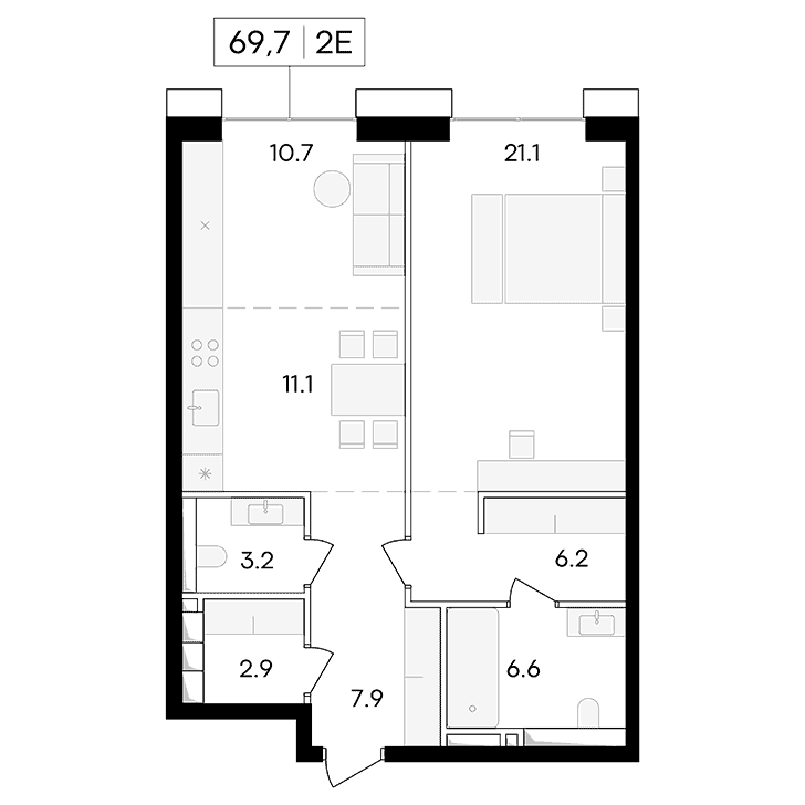 2-комнатная квартира 69.70 кв.м. в Пресненском