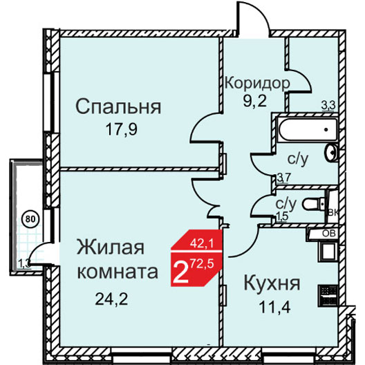 2-комнатная квартира 72.50 кв.м. в Десеновском