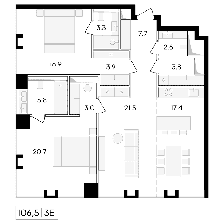 3-комнатная квартира 106.50 кв.м. в Пресненском