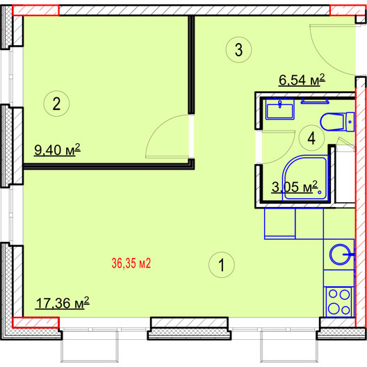 1-комнатная квартира 36.35 кв.м. в Алексеевском