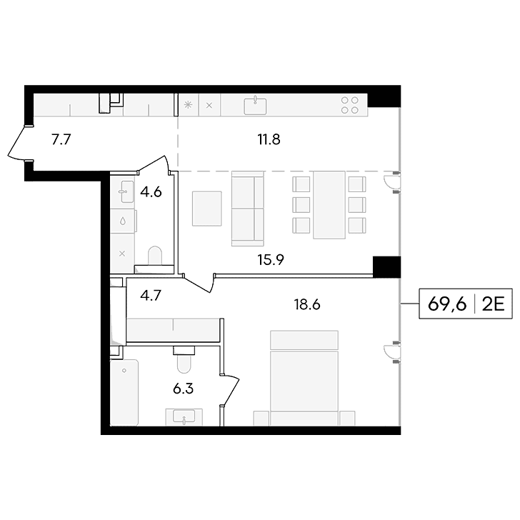 2-комнатная квартира 69.60 кв.м. в Пресненском