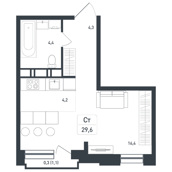1-комнатная студия 29.30 кв.м. в Борисовке