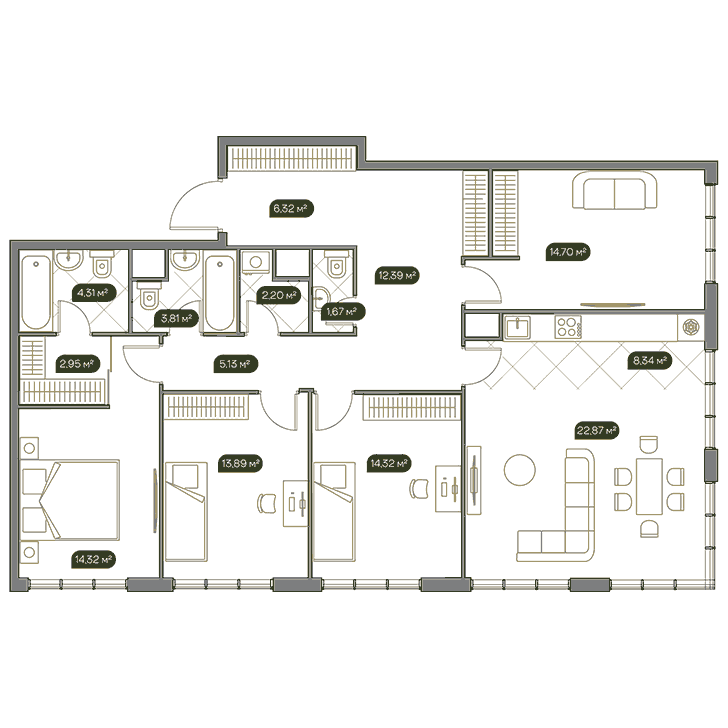 5-комнатная квартира 125.50 кв.м. в Раменках