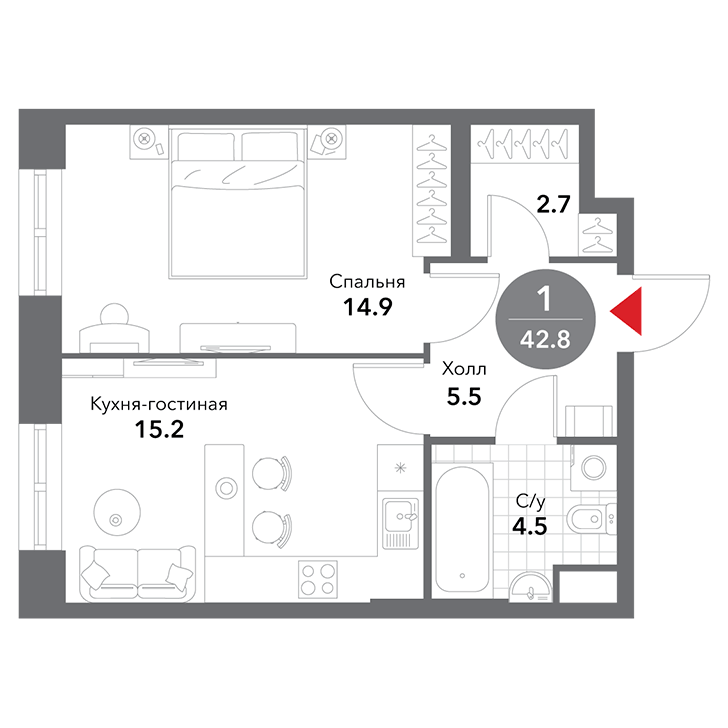 1-комнатная квартира 42.80 кв.м. в Замоскворечье