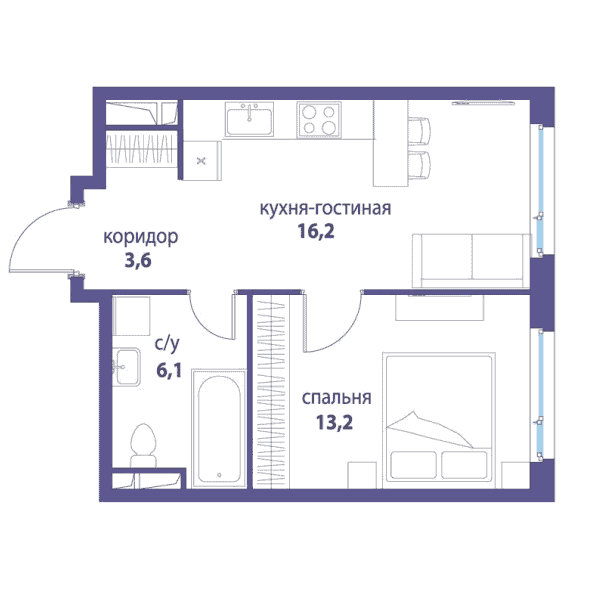 1-комнатная квартира 39.10 кв.м. в Лефортово