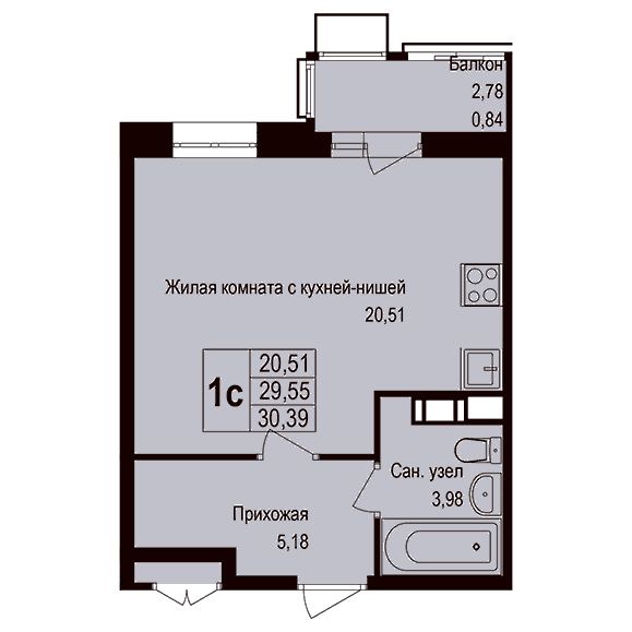 1-комнатная квартира 30.40 кв.м. в Борисовке