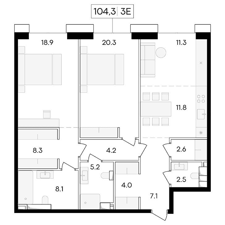 3-комнатная квартира 104.30 кв.м. в Пресненском