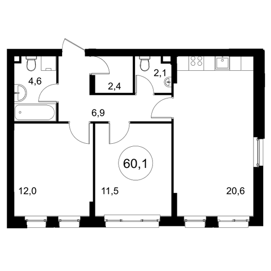 2-комнатная квартира 60.10 кв.м. в Можайском