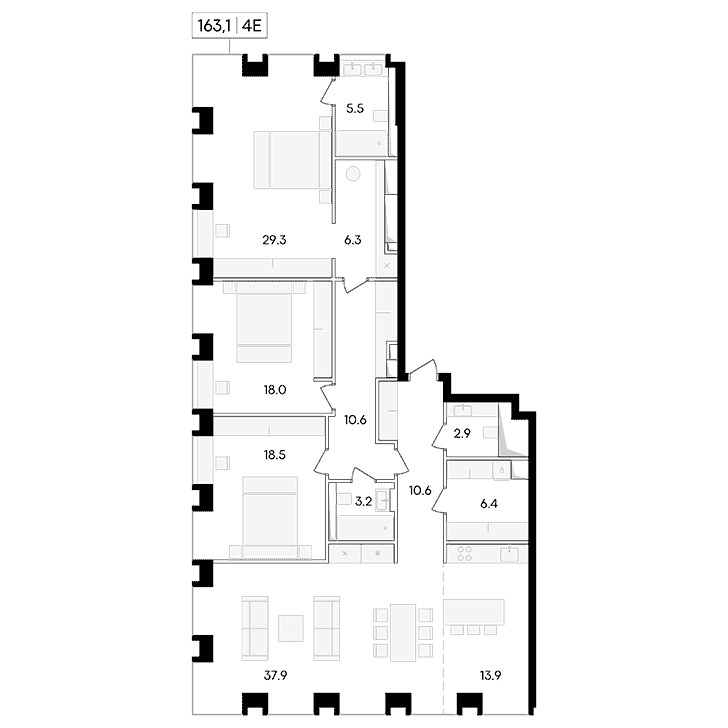 4-комнатная квартира 163.10 кв.м. в Пресненском