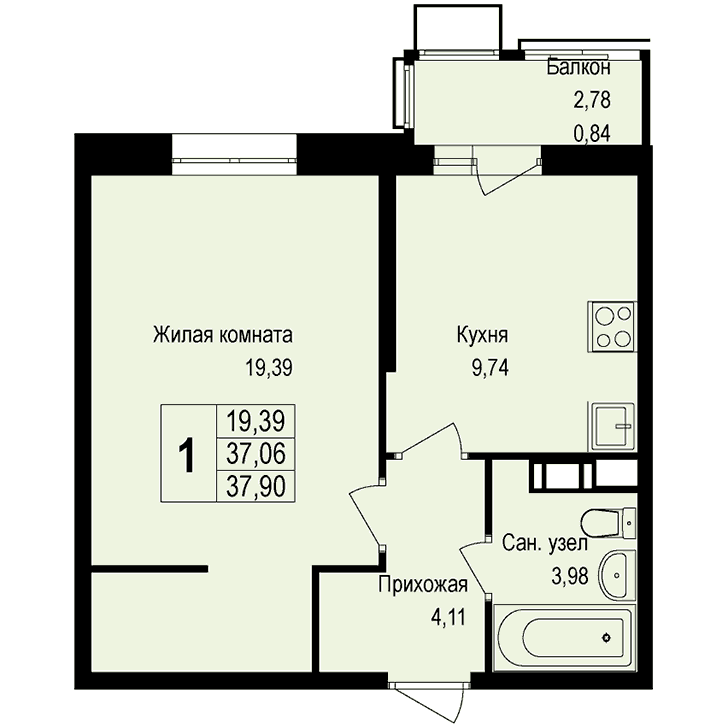 1-комнатная квартира 30.80 кв.м. в Борисовке