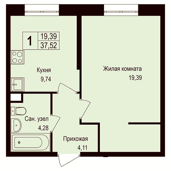 1-комнатная квартира 37.40 кв.м. в Борисовке