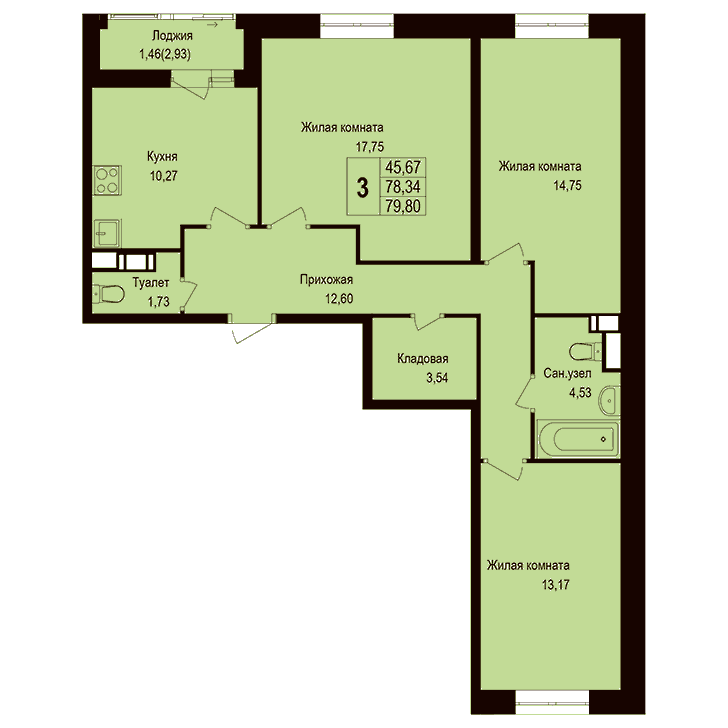 3-комнатная квартира 78.50 кв.м. в Борисовке