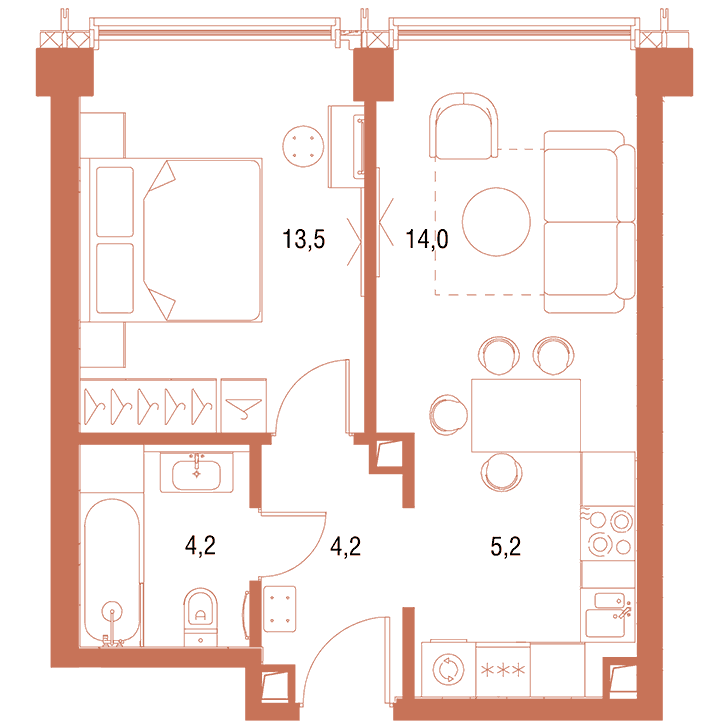 1-комнатная квартира 41.08 кв.м. в Савёловском