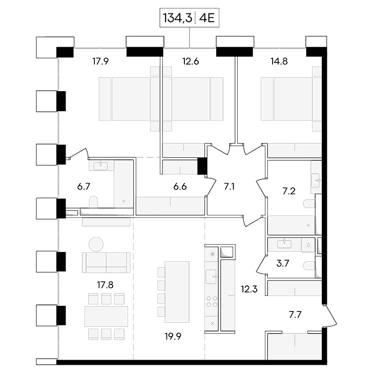 4-комнатная квартира 134.30 кв.м. в Пресненском