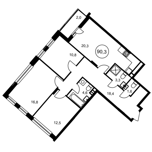 3-комнатная квартира 90.30 кв.м. в Можайском