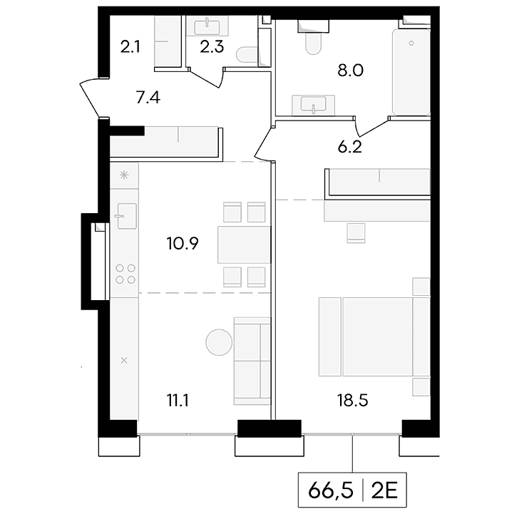 2-комнатная квартира 66.50 кв.м. в Пресненском