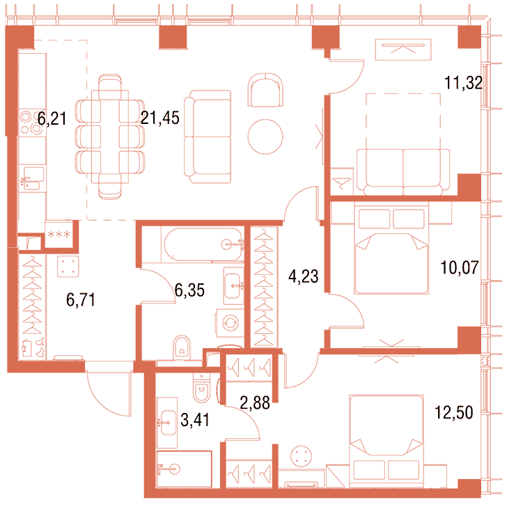 3-комнатная квартира 85.13 кв.м. в Савёловском