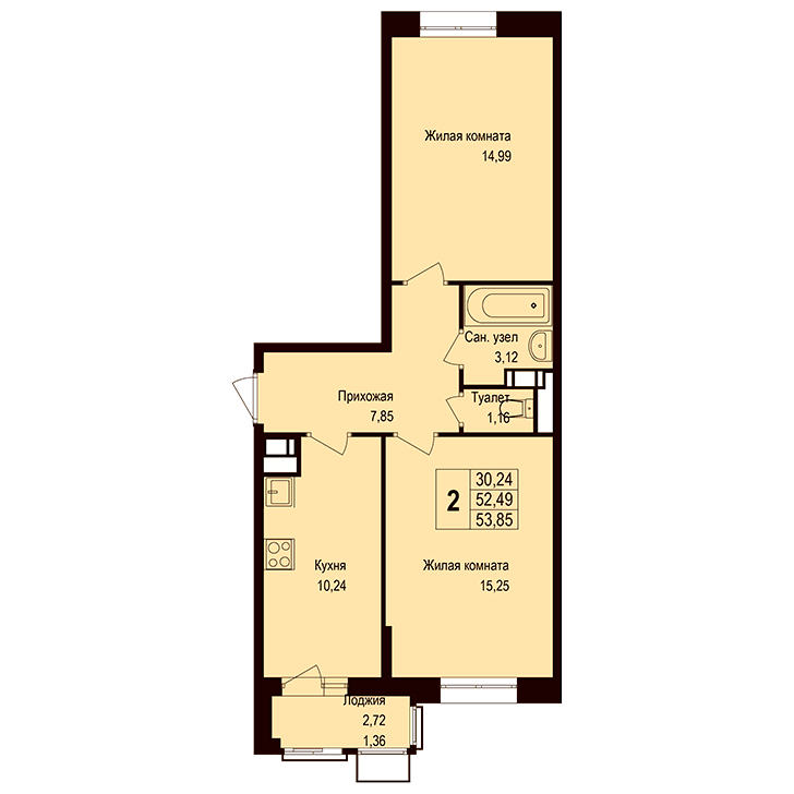 2-комнатная квартира 53.90 кв.м. в Борисовке