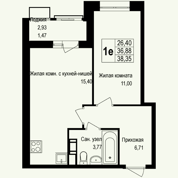 1-комнатная квартира 38.30 кв.м. в Борисовке