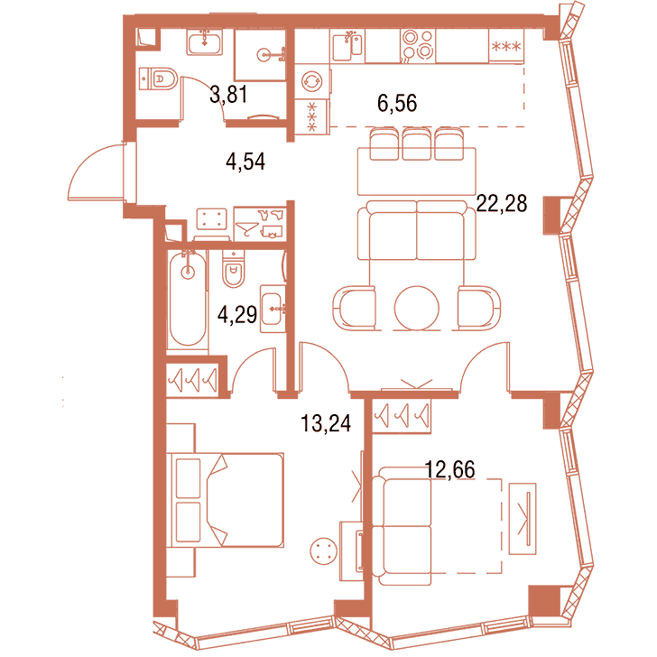 2-комнатная квартира 67.38 кв.м. в Савёловском