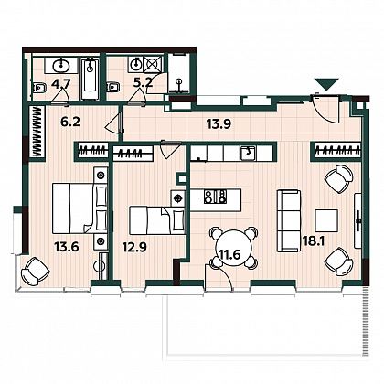 3-комнатная квартира 86.20 кв.м. в Беговом