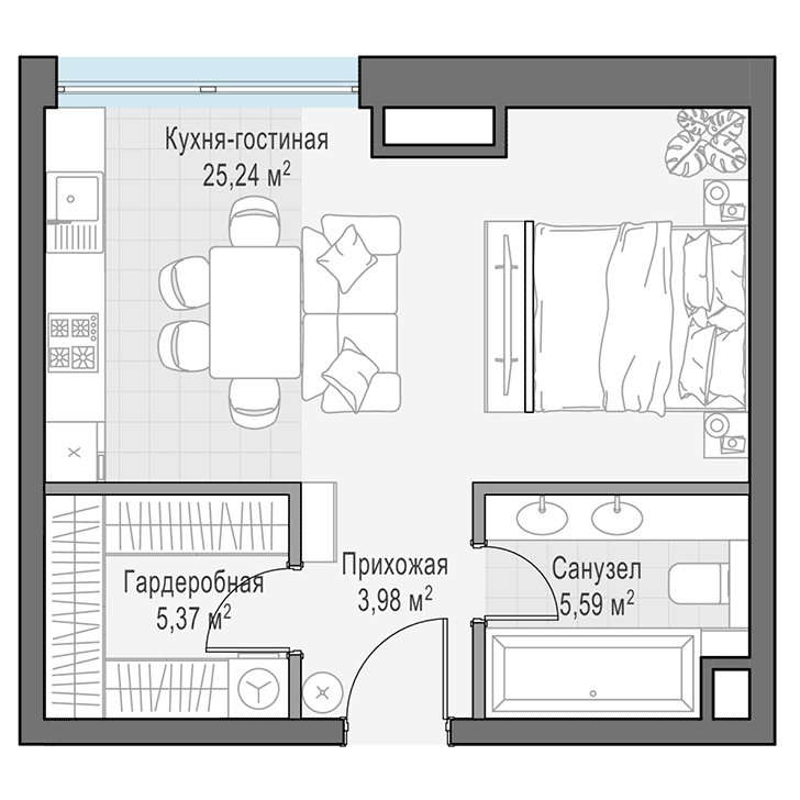 1-комнатная квартира 40.05 кв.м. в Тверском