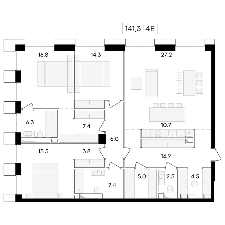 4-комнатная квартира 141.30 кв.м. в Пресненском