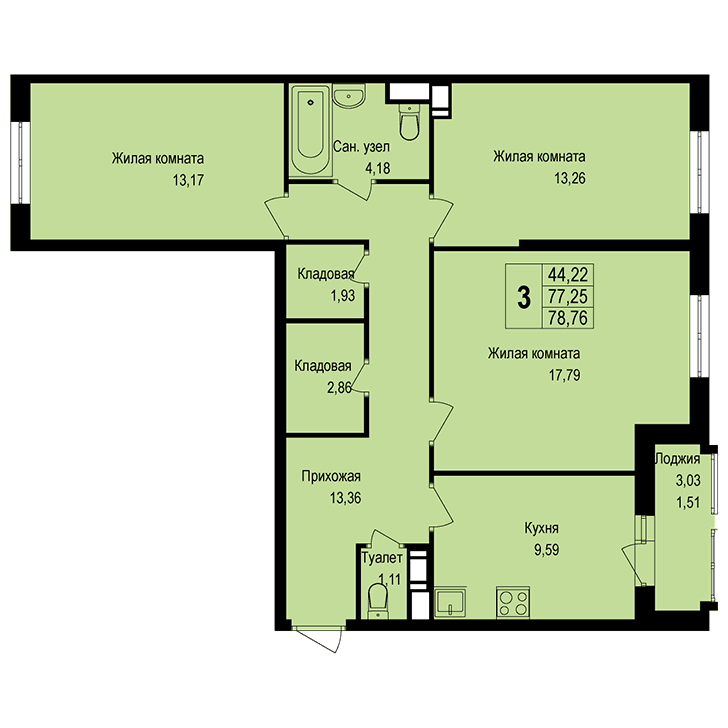 3-комнатная квартира 78.70 кв.м. в Борисовке