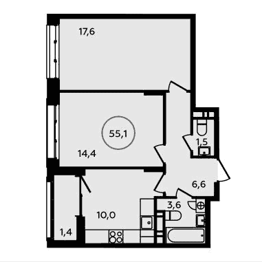 2-комнатная квартира 55.10 кв.м. в Сосенском