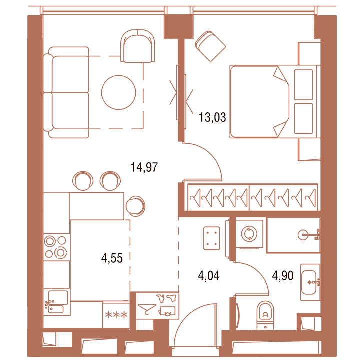 1-комнатная квартира 41.49 кв.м. в Савёловском