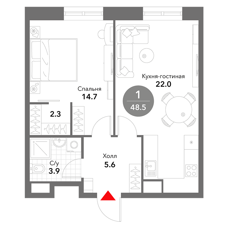 1-комнатная квартира 48.50 кв.м. в Замоскворечье