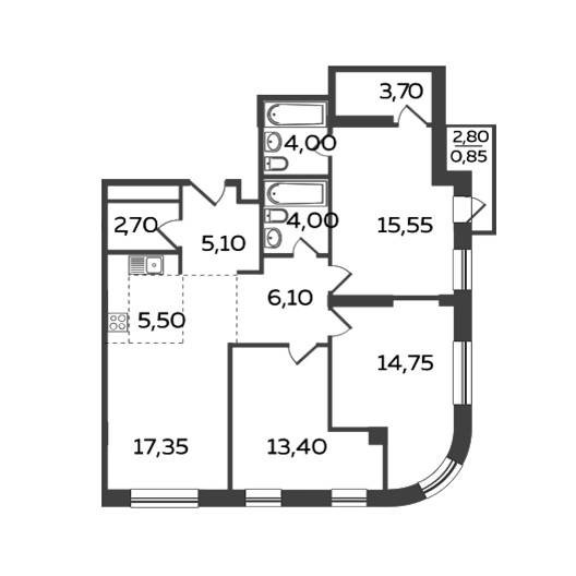 4-комнатная квартира 93.00 кв.м. в Люберцах